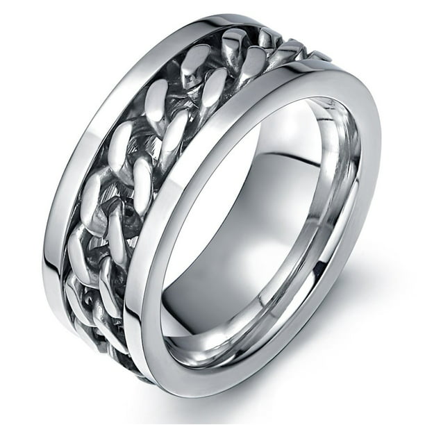 Stainless Steel Men's Black & Silver Curb Center Style Chain Spinner Ring 